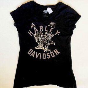 Vintage Harley Davidson Metallic Print Grunge V Neck T Shirt Size Large